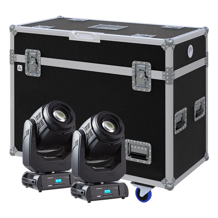 View of two Robe miniPointe moving head fixtures with the custom ALP Flight Case in the background