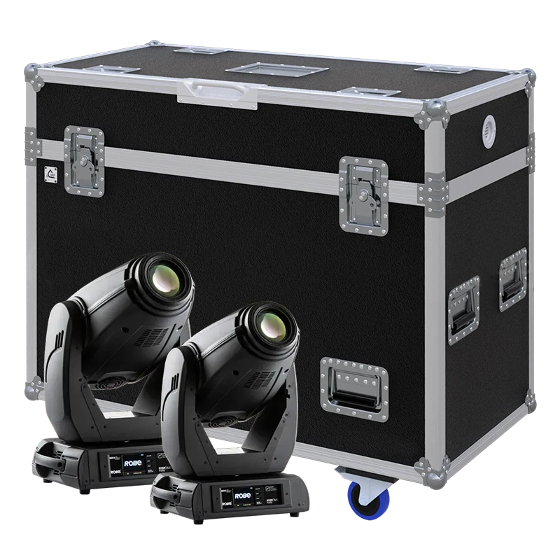 View of two Robe Robin DL4 moving head fixtures with the custom ALP Flight Case in the background