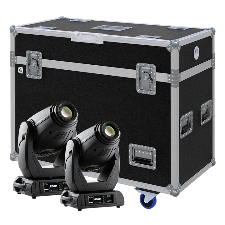 View of two Robe Robin DL4 moving head fixtures with the custom ALP Flight Case in the background