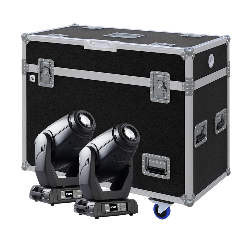 View of two Robe Robin MMX moving head fixtures with the custom ALP Flight Case in the background