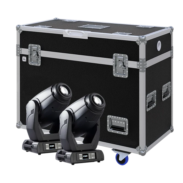 View of two Robe Robin MMX moving head fixtures with the custom ALP Flight Case in the background