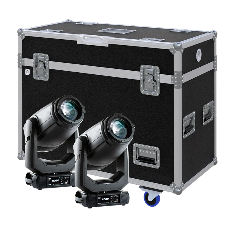 View of two Robe T1 Profile moving head fixtures with the custom ALP Flight Case in the background
