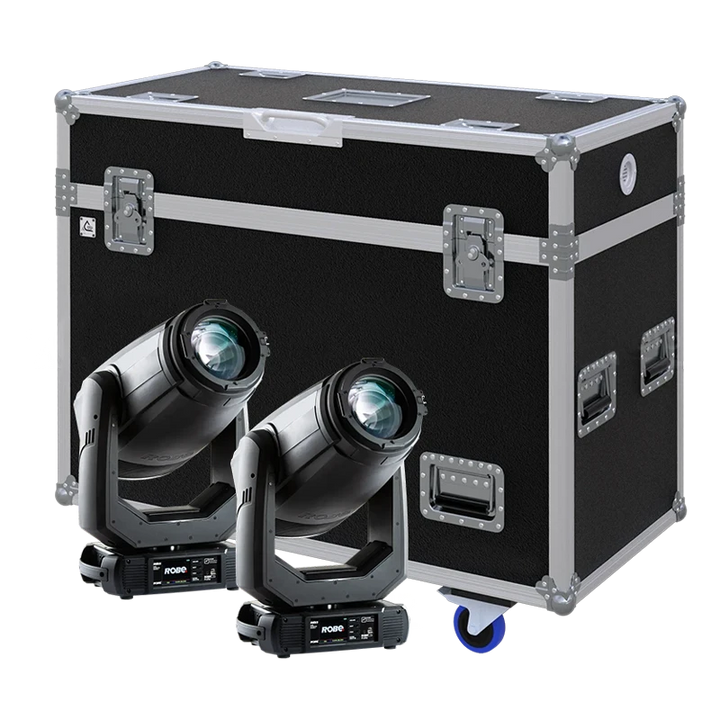View of two Robe T1 Profile moving head fixtures with the custom ALP Flight Case in the background