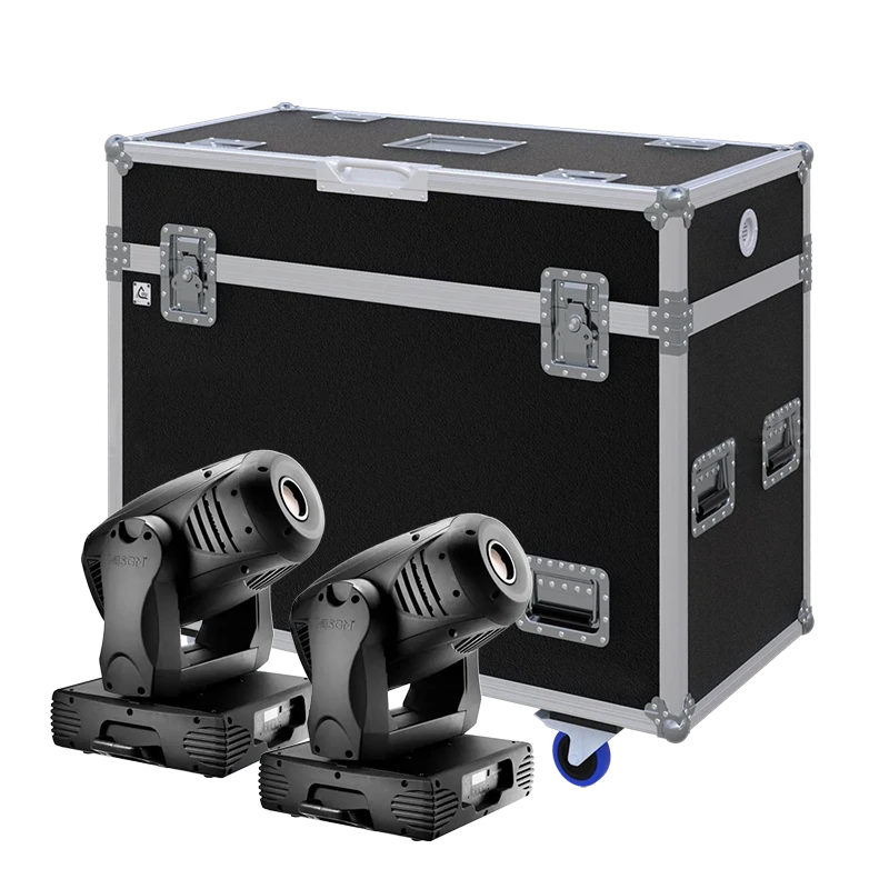 View of two SGM IDEA SPOT 700 lighting fixtures with the custom ALP Flight Case in the background