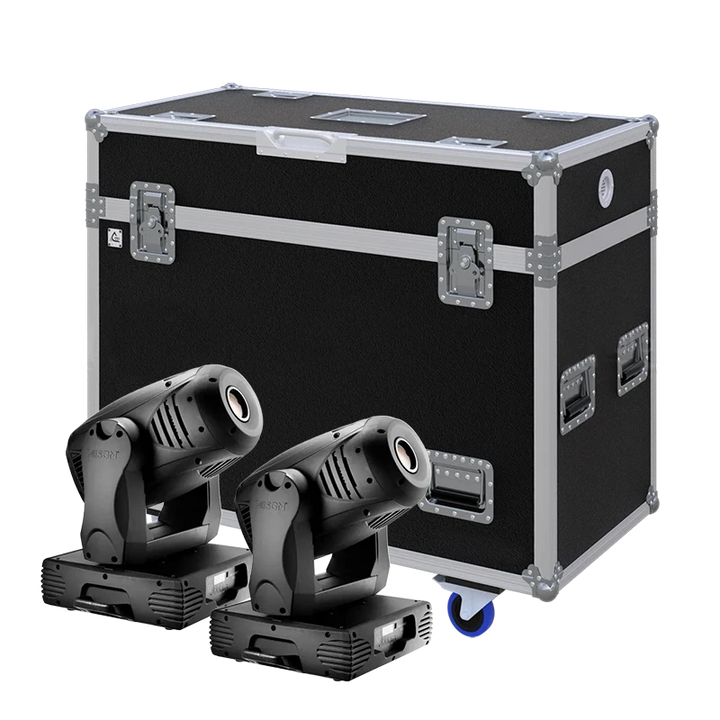View of two SGM IDEA SPOT 700 lighting fixtures with the custom ALP Flight Case in the background
