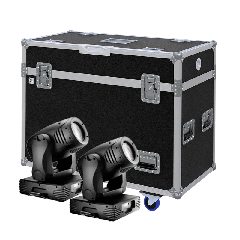View of two SGM IDEA WASH 700 lighting fixtures with the custom ALP Flight Case in the background