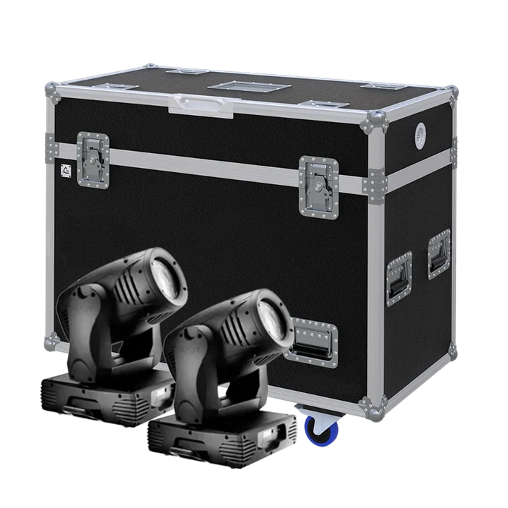 View of two SGM IDEA WASH 700 lighting fixtures with the custom ALP Flight Case in the background