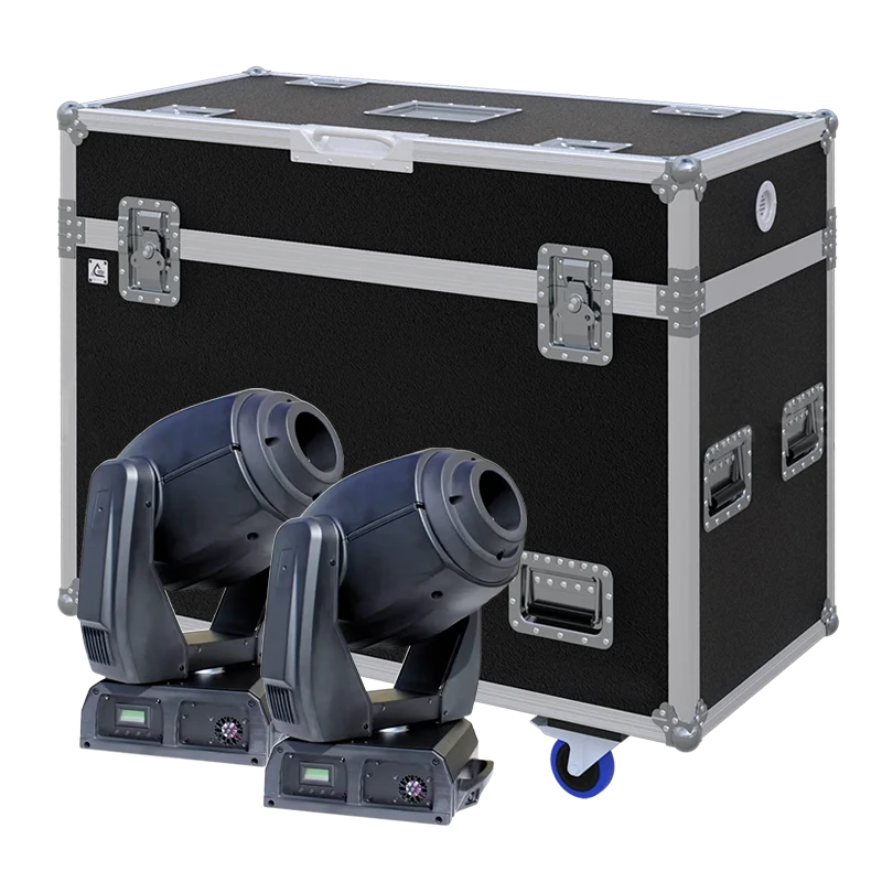 View of two Showtec Indigo 6500 lighting fixtures with the custom ALP Flight Case in the background