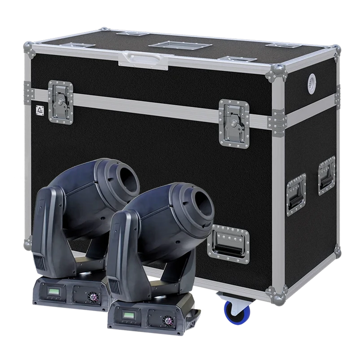 View of two Showtec Indigo 6500 lighting fixtures with the custom ALP Flight Case in the background