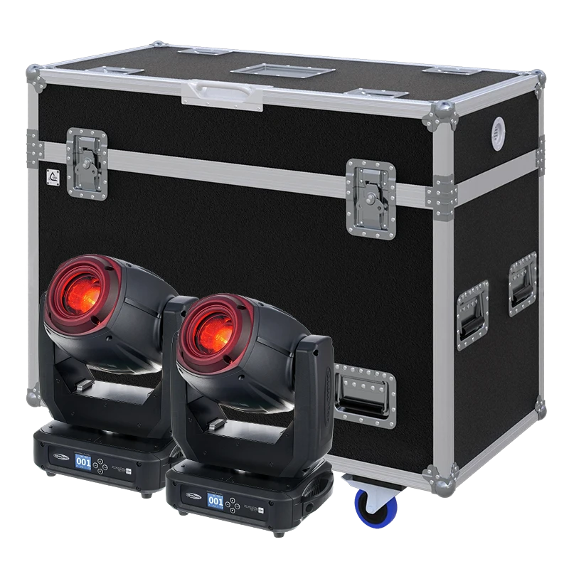 View of two Showtec Phantom 130 Spot 2017 moving head fixtures with the custom ALP Flight Case in the background