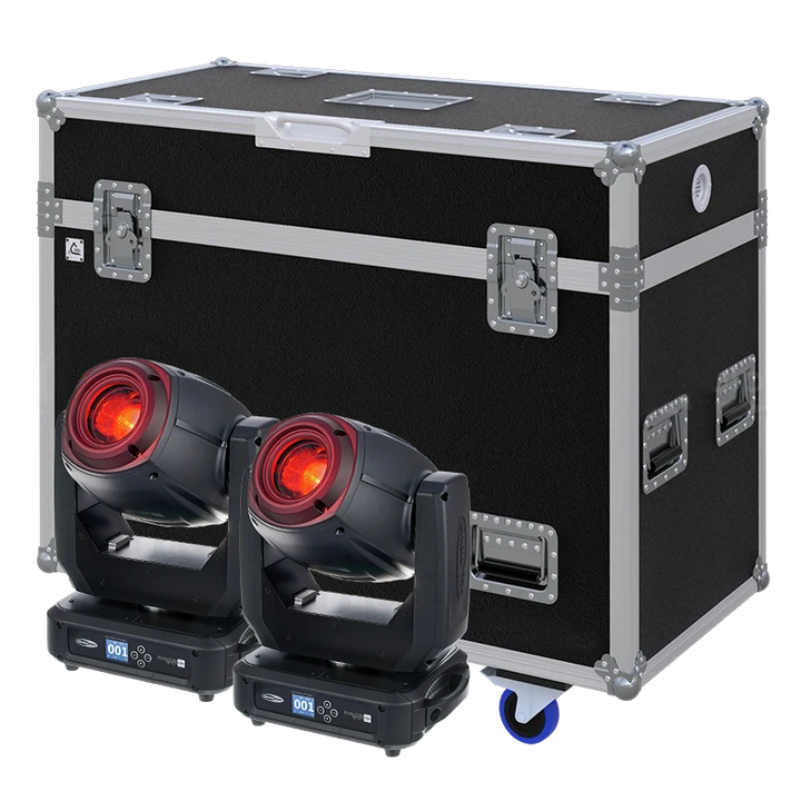 View of two Showtec Phantom 130 Spot 2017 moving head fixtures with the custom ALP Flight Case in the background
