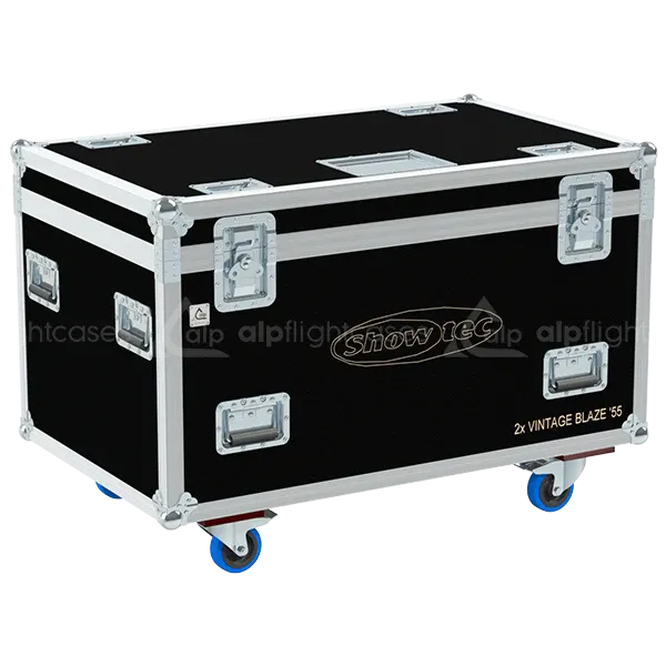 Front right view of the ALP Flight Case for 2x Showtec Vintage Blaze 55 featuring reinforced touring hardware, butterfly catches and durable construction
