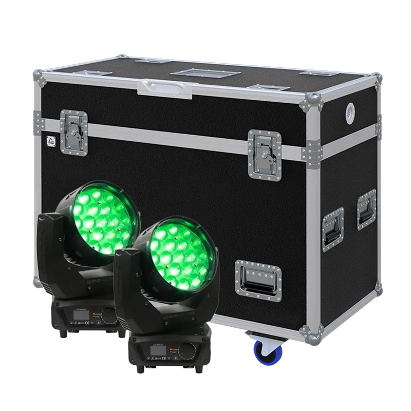 View of two Starway Servo Color 4K lighting fixtures with the custom ALP Flight Case in the background