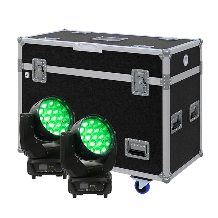 View of two Starway Servo Color 4K lighting fixtures with the custom ALP Flight Case in the background