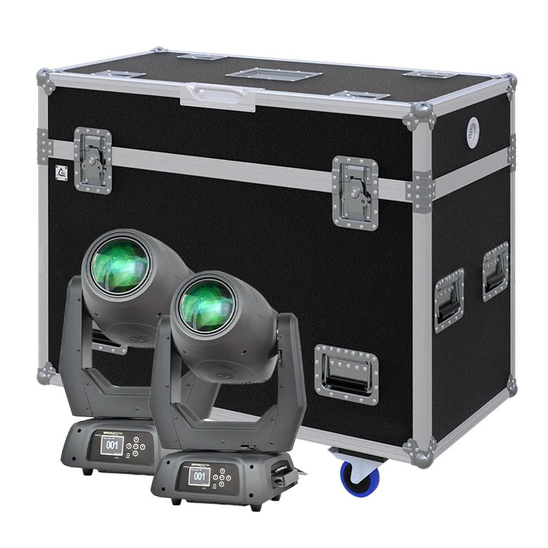 View of two Starway Servo Spot 15K lighting fixtures with the custom ALP Flight Case in the background