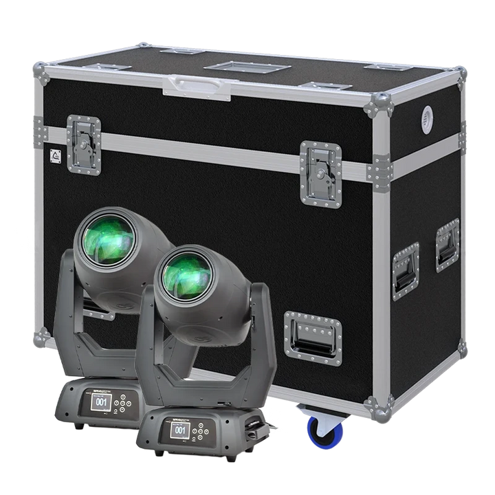 View of two Starway Servo Spot 15K lighting fixtures with the custom ALP Flight Case in the background