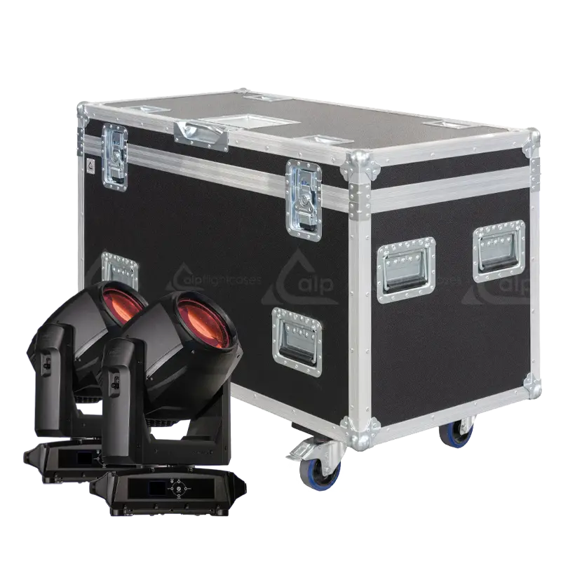 2x Starway Superfast Wet fixtures standing next to the ALP FLIGHT CASES touring solution - Front view