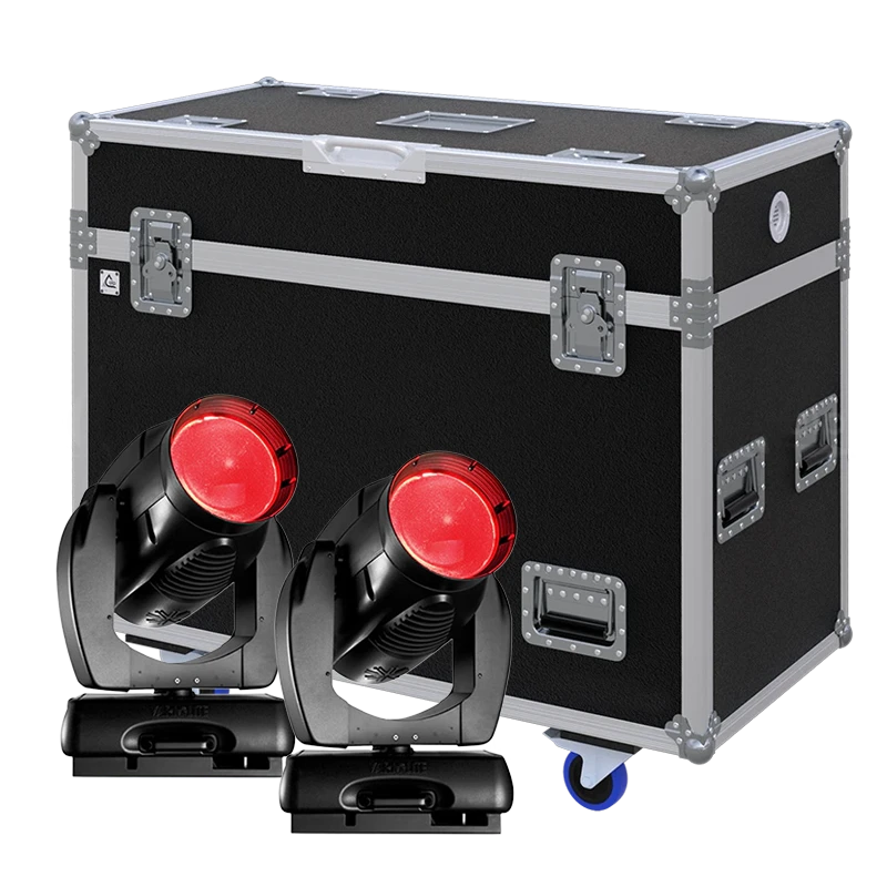 View of two VARI-LITE VL3500 Wash moving head fixtures with the custom ALP Flight Case in the background