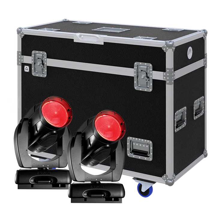 View of two VARI-LITE VL3500 Wash moving head fixtures with the custom ALP Flight Case in the background