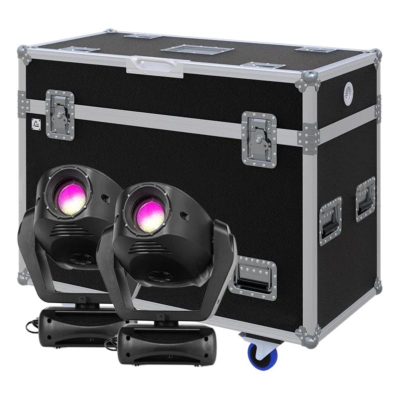 View of two VARI-LITE VL440SP/VL880SP/VLX3WA moving head fixtures with the custom ALP Flight Case in the background
