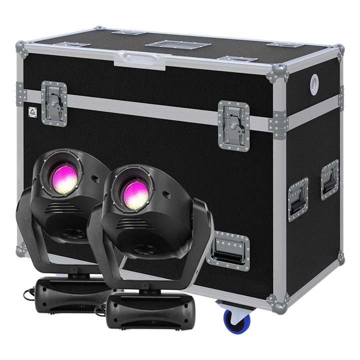 View of two VARI-LITE VL440SP/VL880SP/VLX3WA moving head fixtures with the custom ALP Flight Case in the background