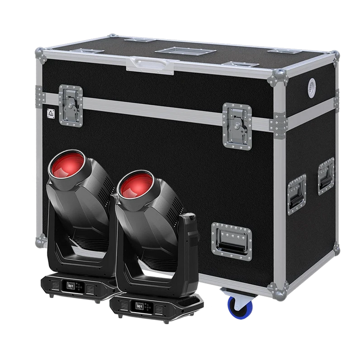 View of two VARI-LITE VLZ WASH moving head fixtures with the custom ALP Flight Case in the background