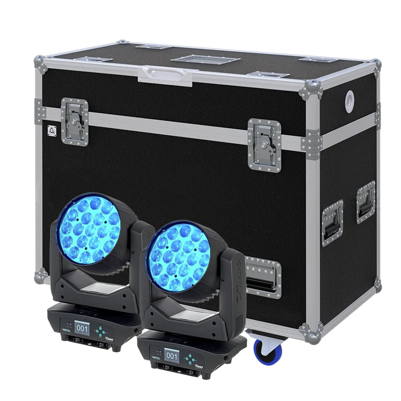 View of two VARYTEC HERO Wash 300 FC lighting fixtures with the custom ALP Flight Case in the background