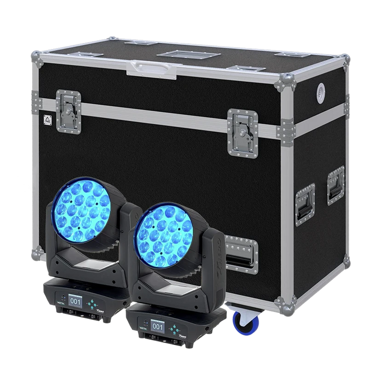 View of two VARYTEC HERO Wash 300 FC lighting fixtures with the custom ALP Flight Case in the background