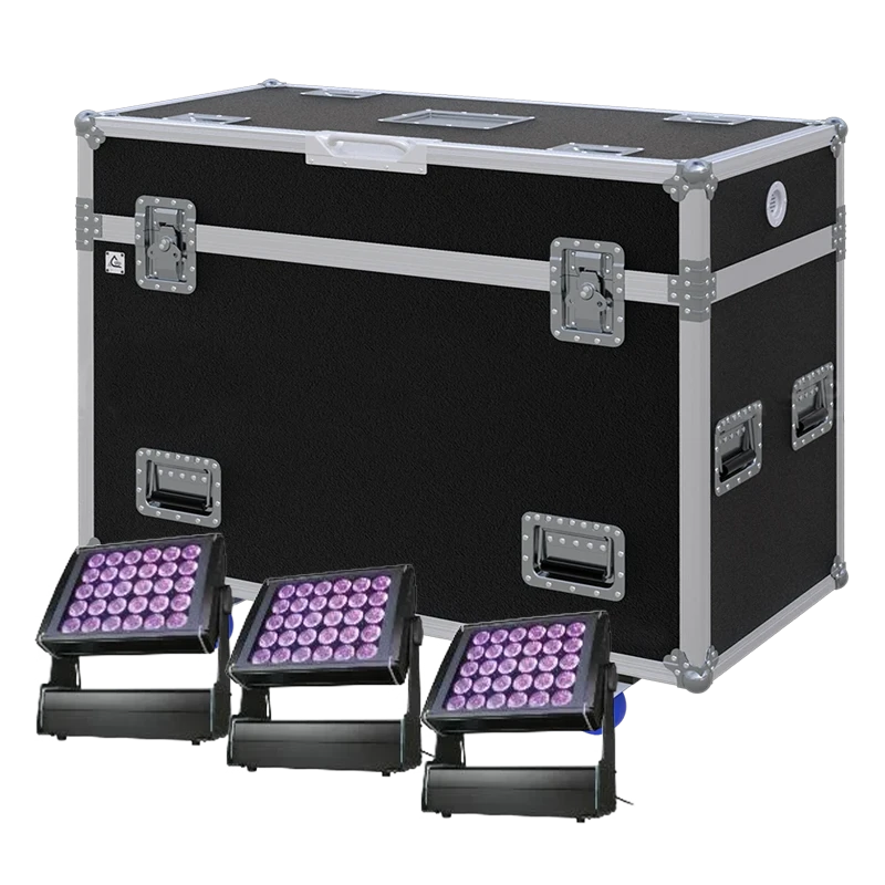 View of three Studio Due T-Bright Plus lighting fixtures with the custom ALP Flight Case in the background
