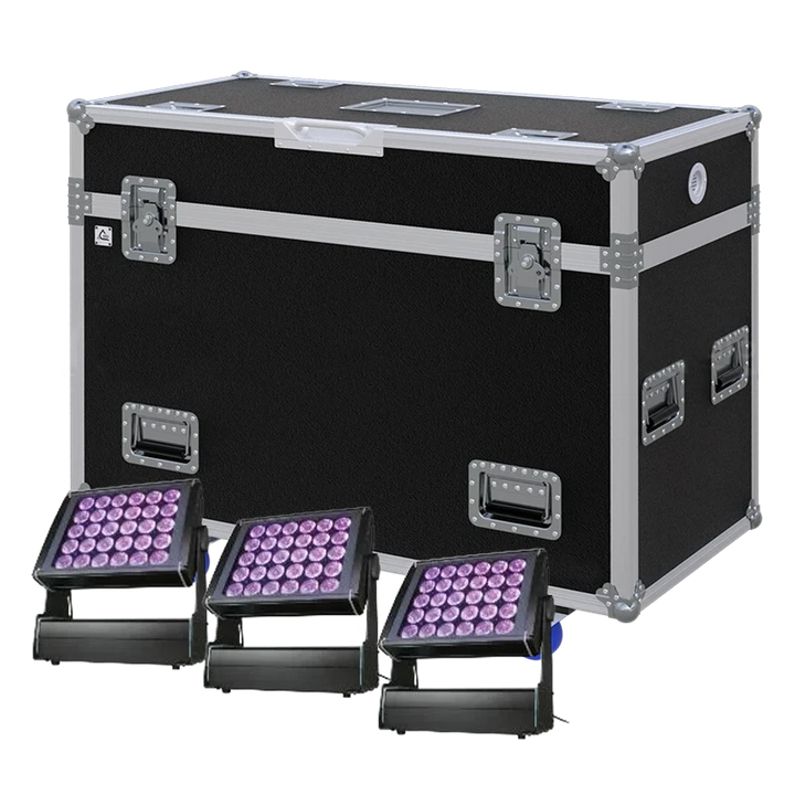 View of three Studio Due T-Bright Plus lighting fixtures with the custom ALP Flight Case in the background