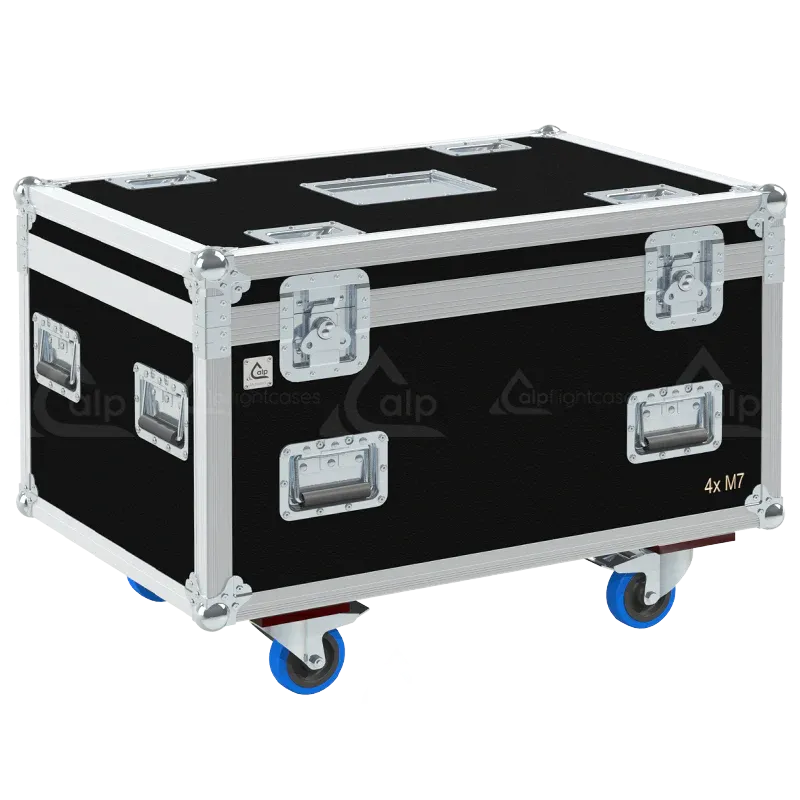Front right view of the ALP Flight Case for 4x Antari M-7X RGBA Stage Fog Jet featuring reinforced touring hardware, butterfly catches and durable construction