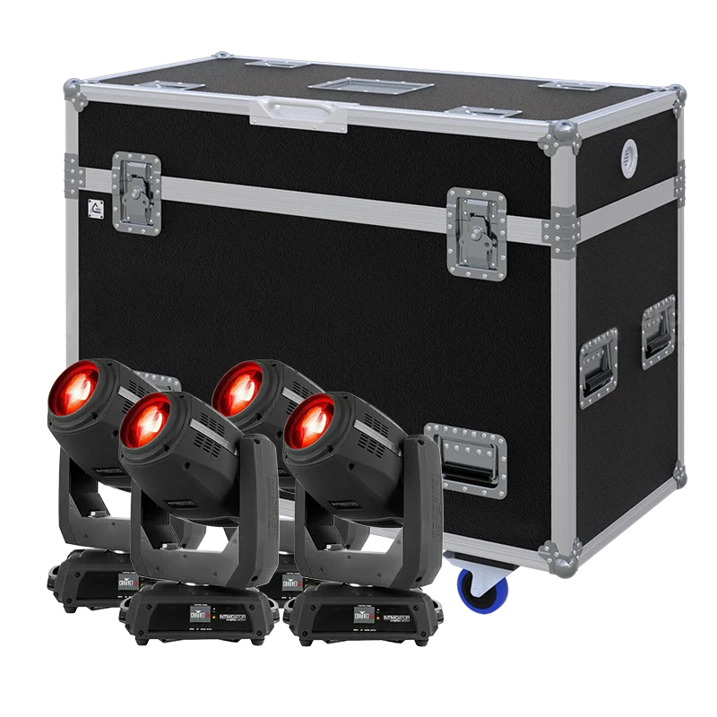 View of four Chauvet DJ Intimidator Hybrid 140SR moving head fixtures with the custom ALP Flight Case in the background