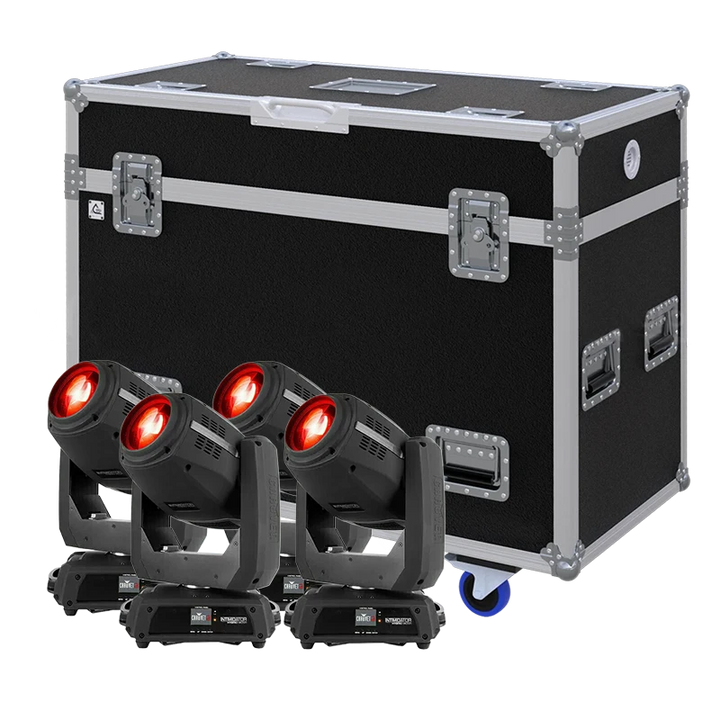 View of four Chauvet DJ Intimidator Hybrid 140SR moving head fixtures with the custom ALP Flight Case in the background