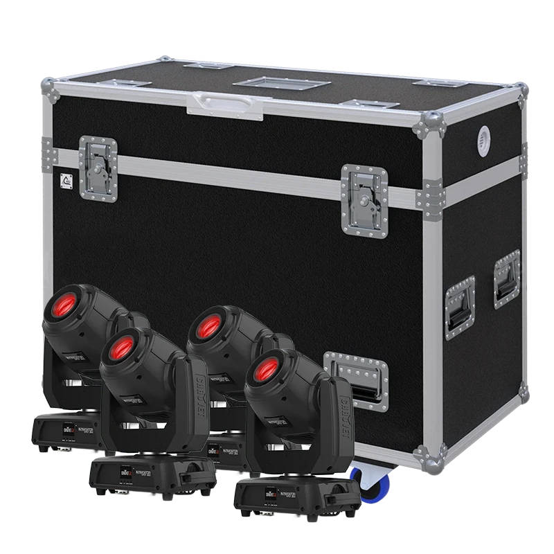 View of four Chauvet DJ Intimidator Spot 360 moving head fixtures with the custom ALP Flight Case in the background
