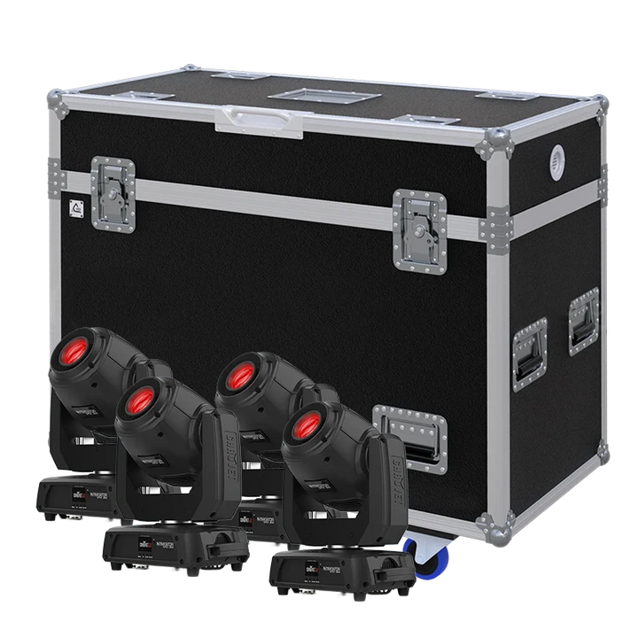 View of four Chauvet DJ Intimidator Spot 360 moving head fixtures with the custom ALP Flight Case in the background