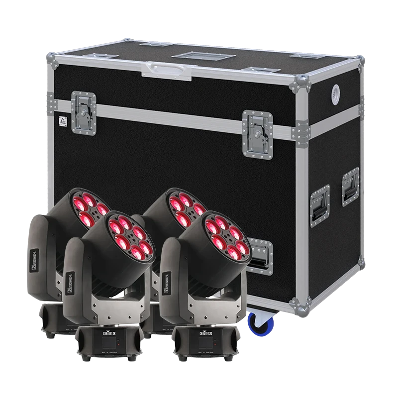 View of four Chauvet Intimidator Trio moving head fixtures with the custom ALP Flight Case in the background