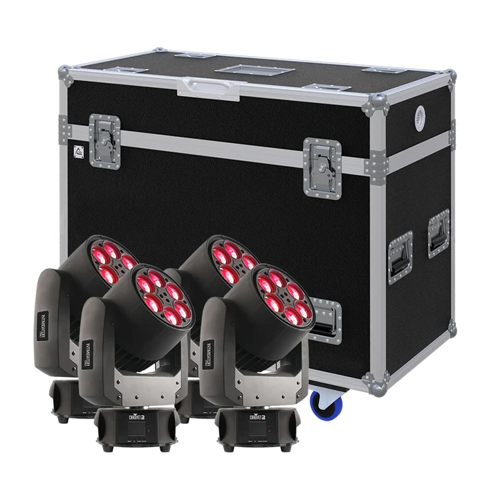 View of four Chauvet Intimidator Trio moving head fixtures with the custom ALP Flight Case in the background