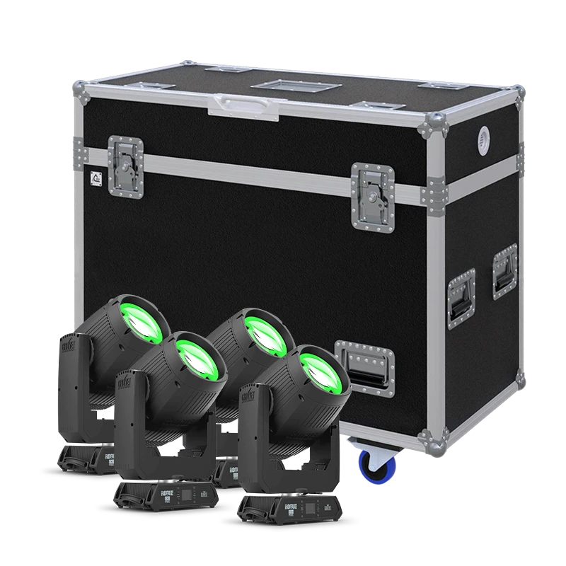 View of four Chauvet Rogue Outcast 1L Beam moving head fixtures with the custom ALP Flight Case in the background