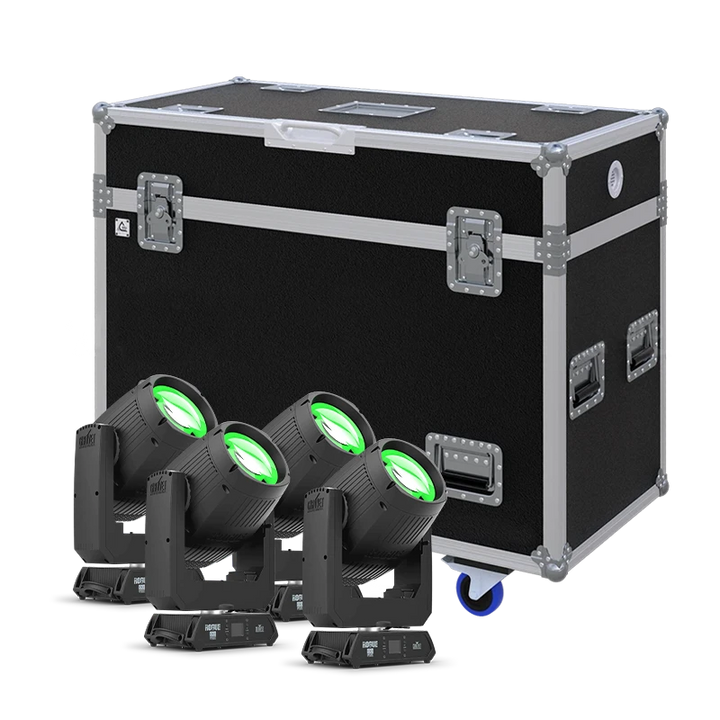 View of four Chauvet Rogue Outcast 1L Beam moving head fixtures with the custom ALP Flight Case in the background