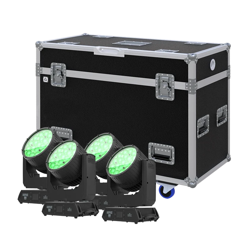 View of four Chauvet Rogue Outcast 2X Wash moving head fixtures with the custom ALP Flight Case in the background