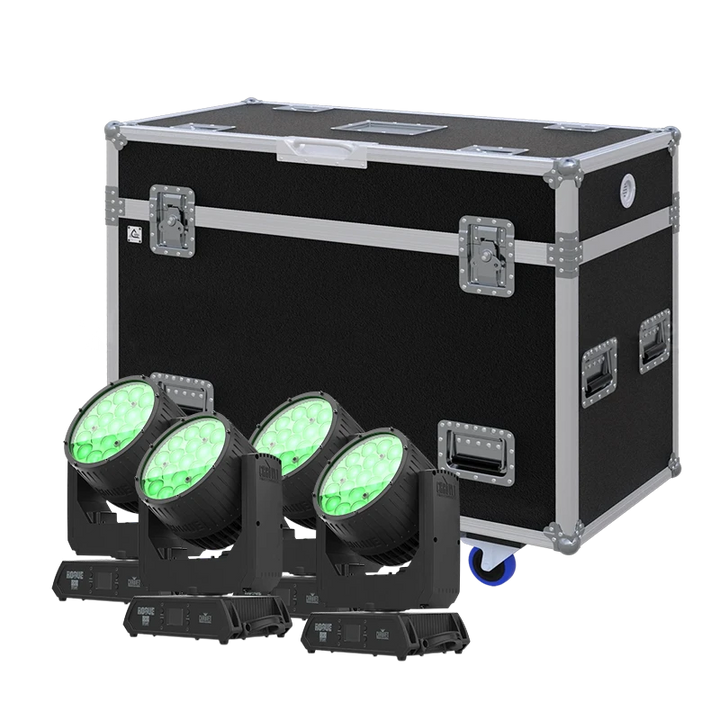 View of four Chauvet Rogue Outcast 2X Wash moving head fixtures with the custom ALP Flight Case in the background