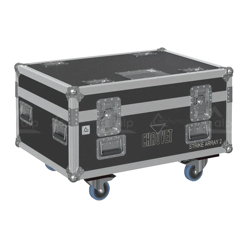 Front right view of the ALP Flight Case for 4x Chauvet STRIKE Array 2 featuring reinforced touring hardware, butterfly catches and durable construction
