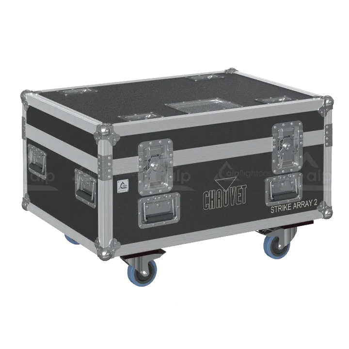 Front right view of the ALP Flight Case for 4x Chauvet STRIKE Array 2 featuring reinforced touring hardware, butterfly catches and durable construction

