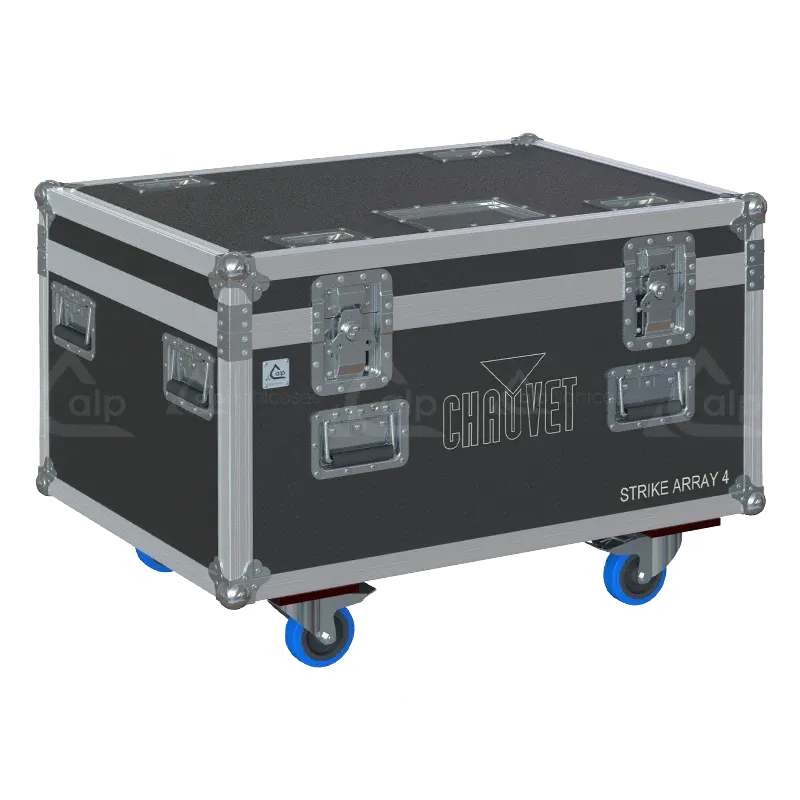 Front right view of the ALP Flight Case for 4x Chauvet STRIKE Array 4 featuring reinforced touring hardware, butterfly catches and durable construction