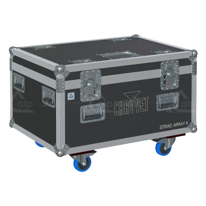 Front right view of the ALP Flight Case for 4x Chauvet STRIKE Array 4 featuring reinforced touring hardware, butterfly catches and durable construction