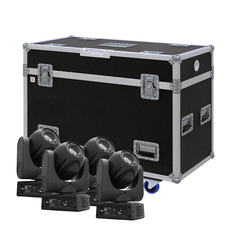 View of four Clay Paky Mini Xtylos HPE moving head fixtures with the custom ALP Flight Case in the background