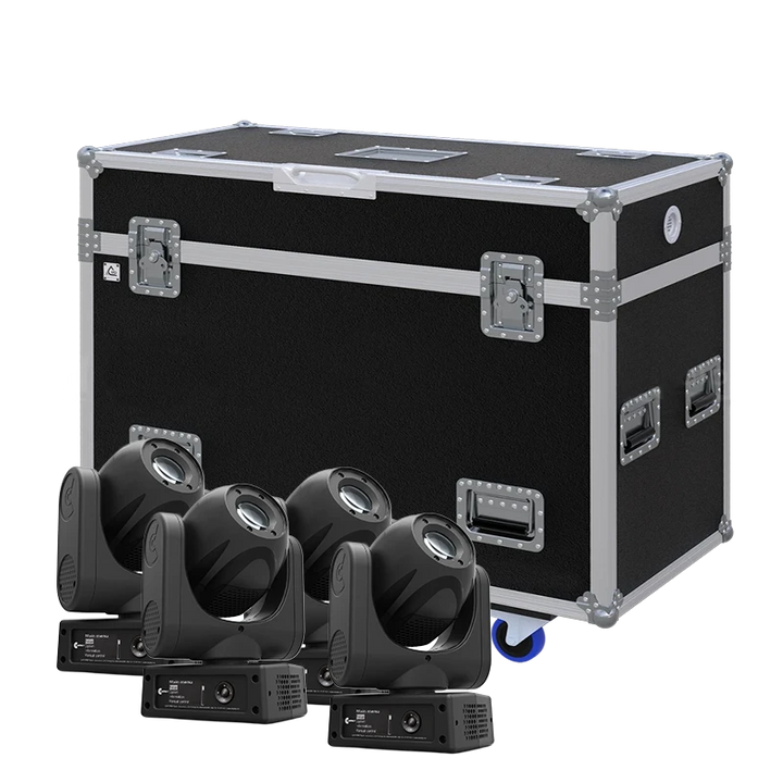 View of four Clay Paky Mini Xtylos HPE moving head fixtures with the custom ALP Flight Case in the background
