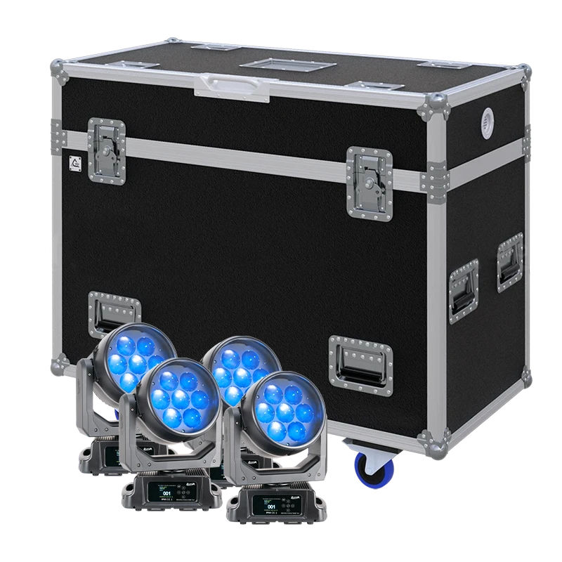 View of four Elation Proteus Rayzor 760 lighting fixtures with the custom ALP Flight Case in the background