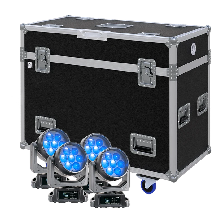 View of four Elation Proteus Rayzor 760 lighting fixtures with the custom ALP Flight Case in the background