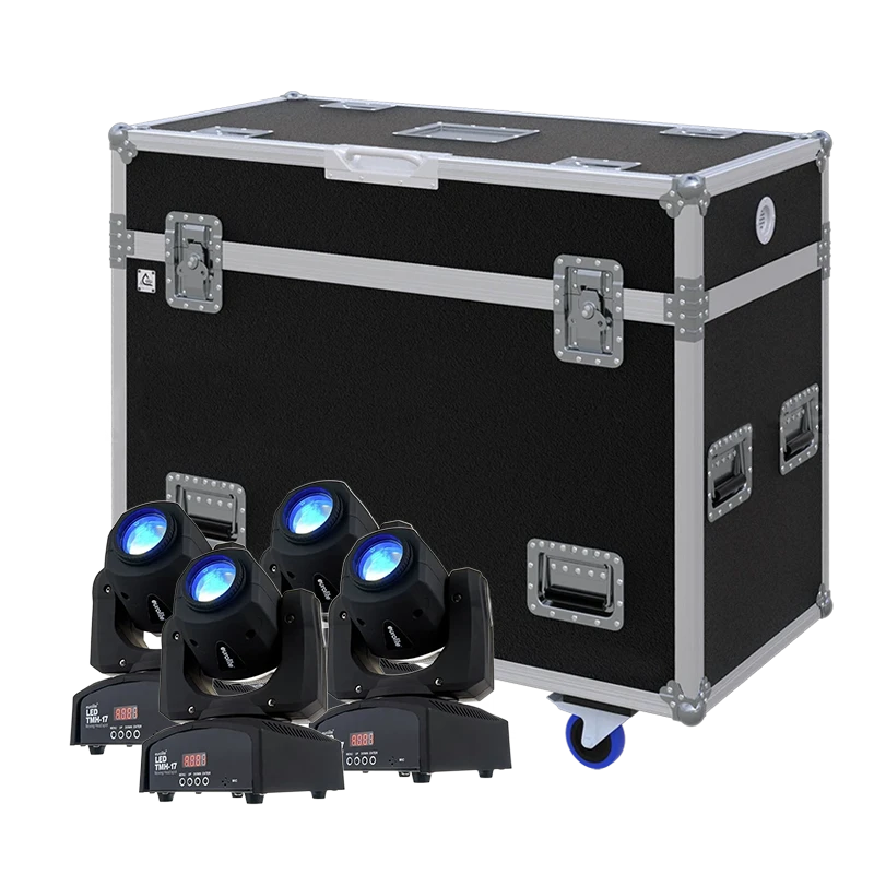 View of four Eurolite LED TMH-17 lighting fixtures with the custom ALP Flight Case in the background
